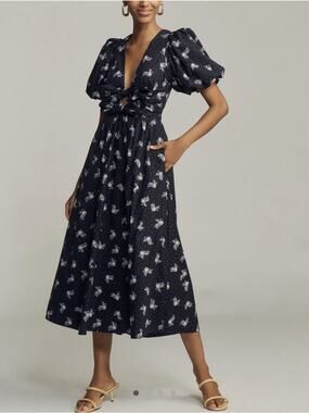 NWT Lovaan Devon Bow Midi Dress Puff Sleeve Vintage Rose US 8